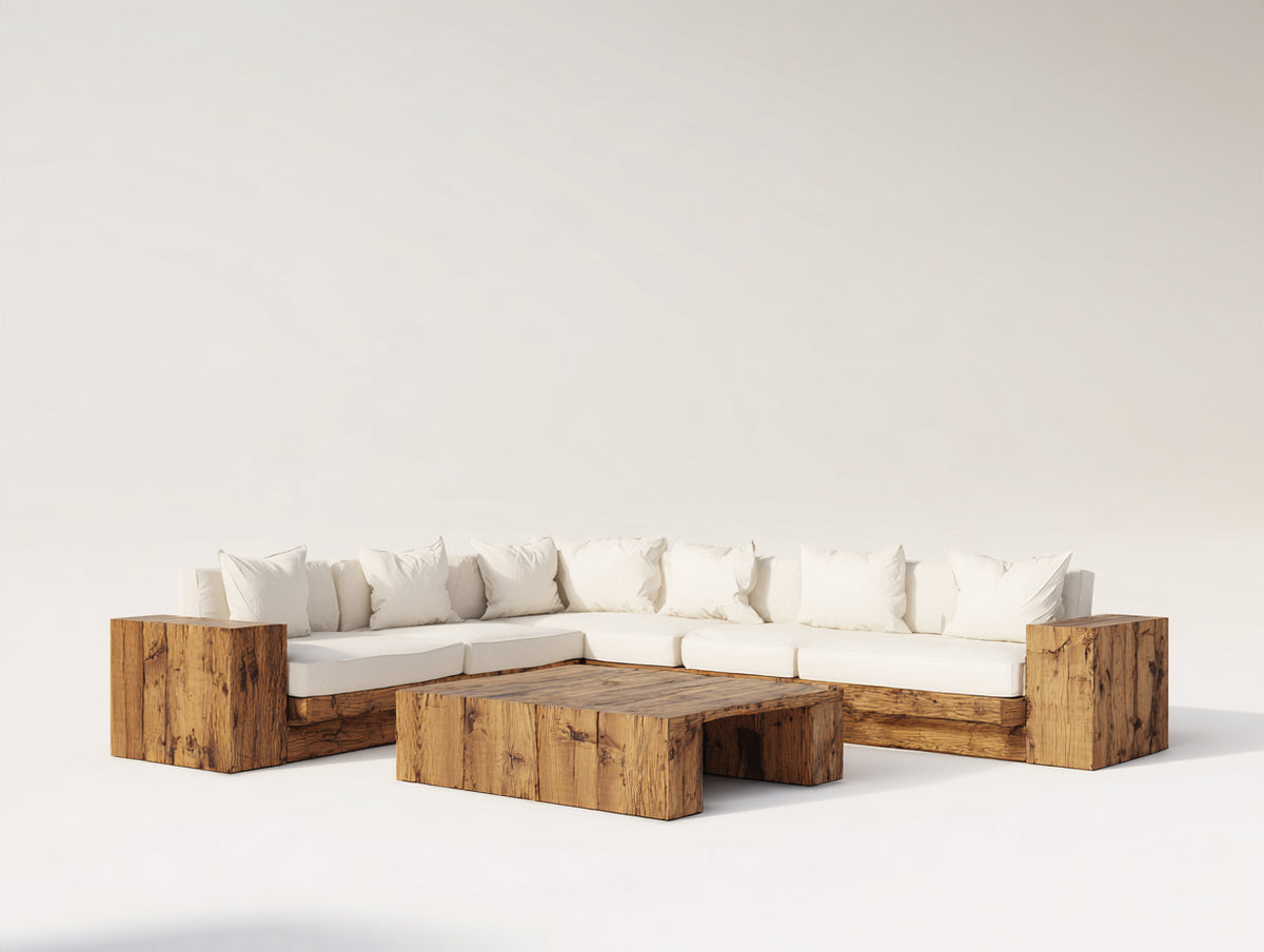 Divani da esterno - legno-tessuto - 284x227x72 cm - naturale-avorio - stile rustico
