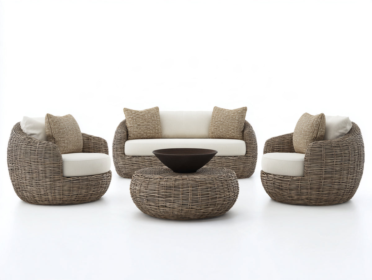 Divani da esterno - rattan intrecciato-tessuto - 192x89x77 cm - beige-avorio - design organico