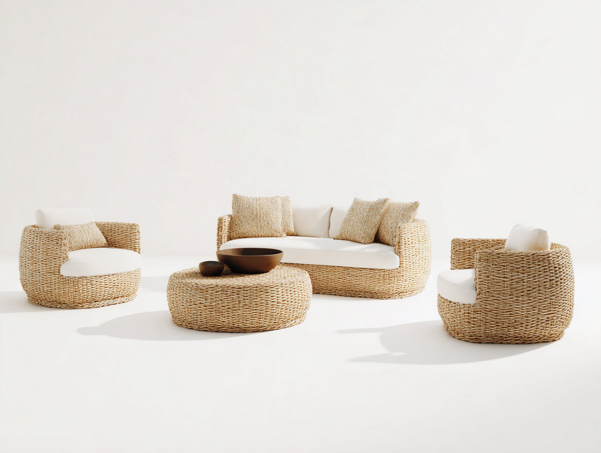 Divani da esterno - rattan intrecciato-tessuto - 197x91x76 cm - beige naturale-avorio - design moderno