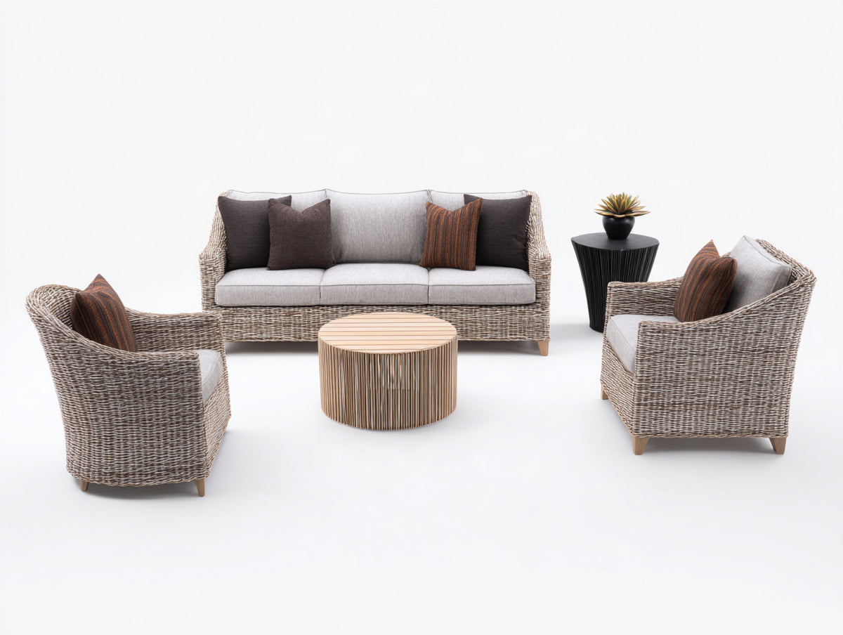 Divani da esterno - rattan intrecciato-tessuto-legno - 198x83x82 cm - tortora-grigio chiaro-nero-naturale - design contemporaneo
