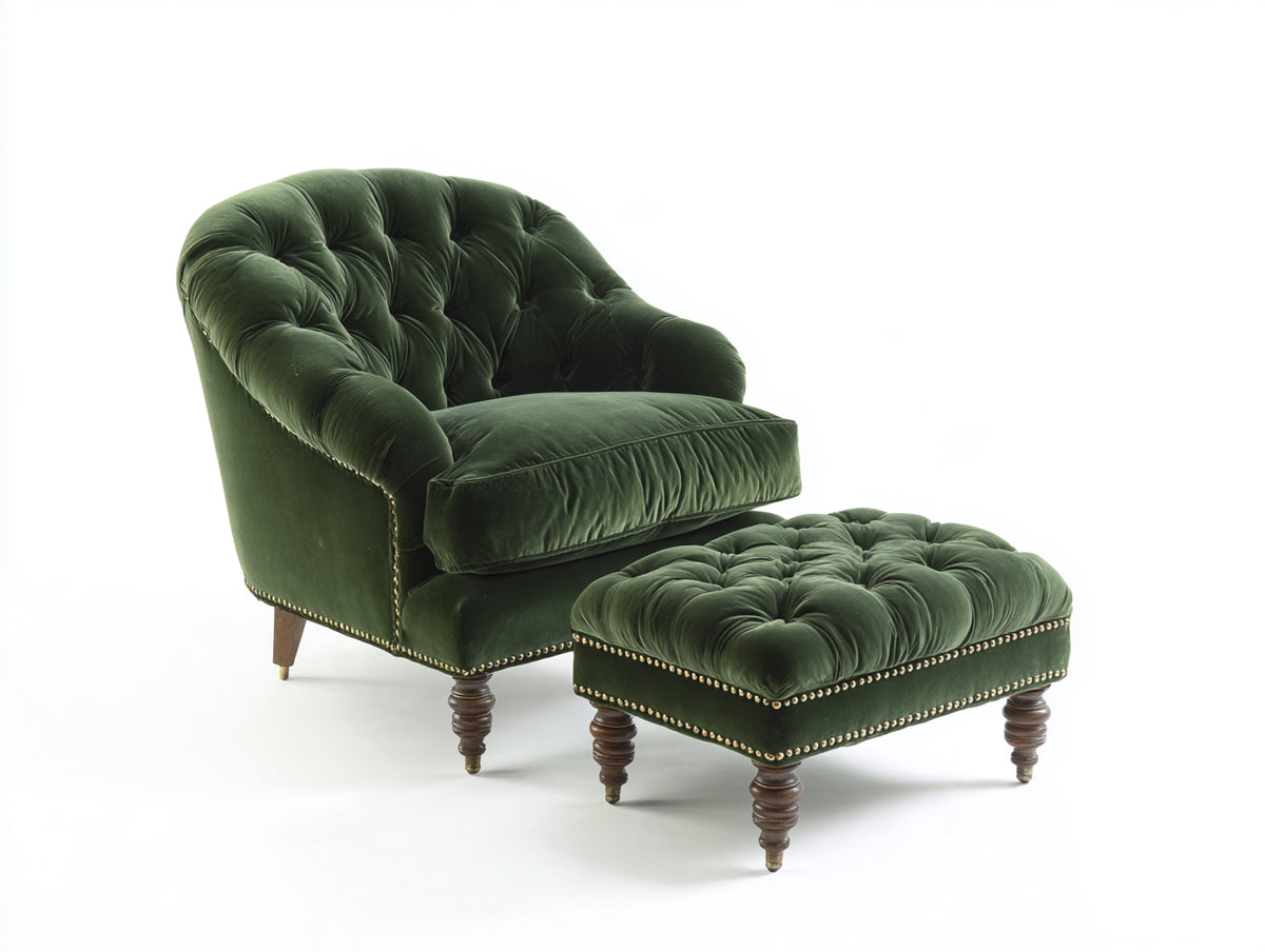 Poltrona - velluto-legno - 87x86x94 cm - verde oliva-marrone scuro - stile classico capitonné
