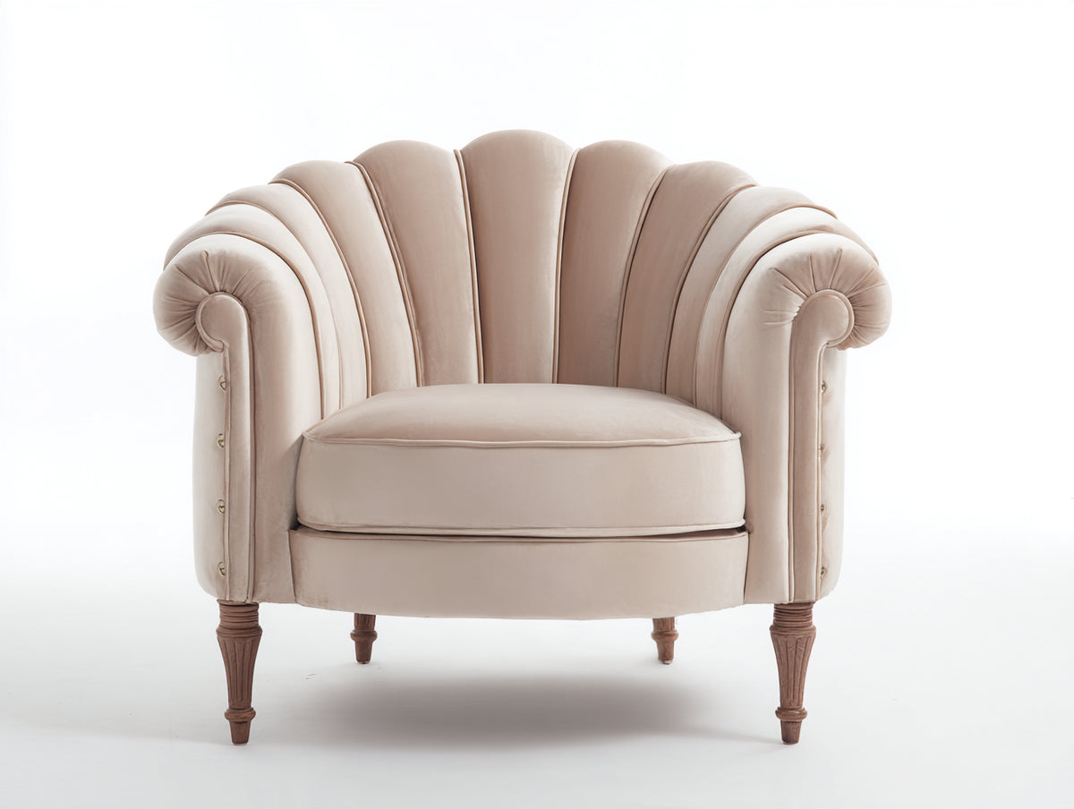 Poltrona - velluto - 89x84x88 cm - beige-marrone naturale - stile rétro a conchiglia